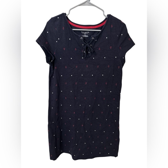 Talbots Dresses & Skirts - Talbots Petite Medium Navy Anchor Print Cotton Dress Nautical Tie Neck